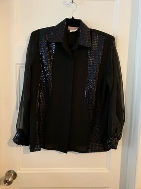 Eric Ryan, women's black  Sequin Accent Sheer Sleeve Blouse